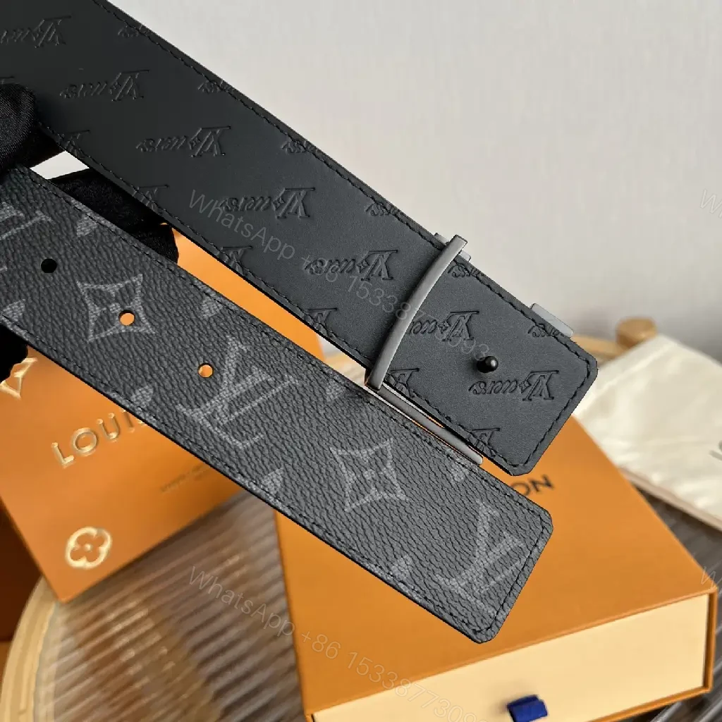 View 2 of Black Pebbled Leather Belt with LV Logo Buckle