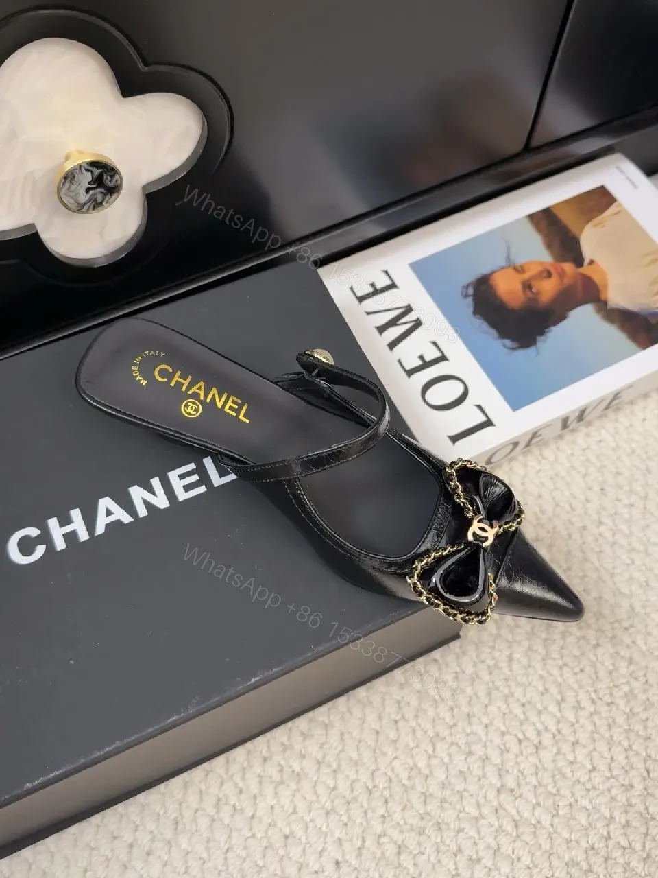 View 5 of Chic Black Patent Mule with Chain Bow Detail, Luxe Style