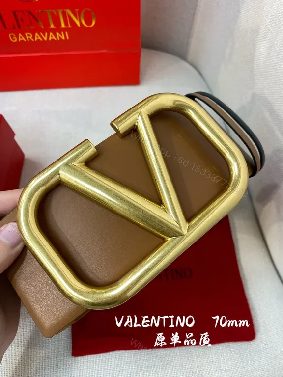 View 6 of Bold Gold Buckle Tan Leather Belt: Valentino Garavani 70mm
