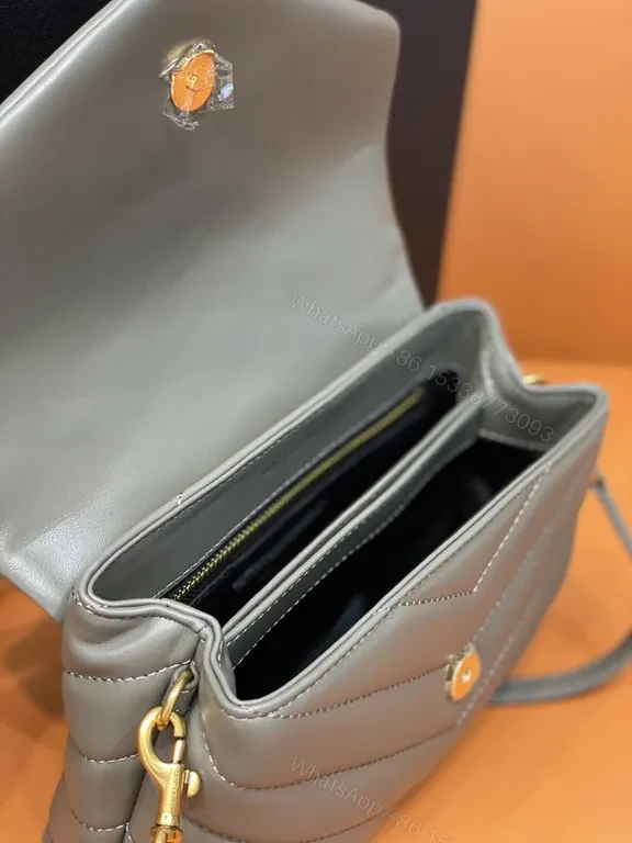 View 5 of Taupe Calfskin Crossbody: Chevron Quilted, Gold Logo, Lux Edit