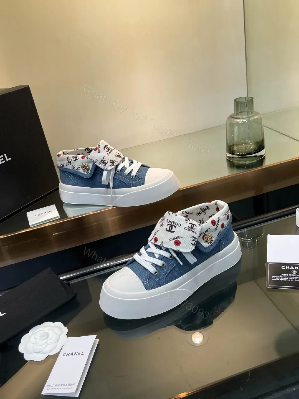 View 8 of Chic Denim High-Top Sneakers with Logo Cuff