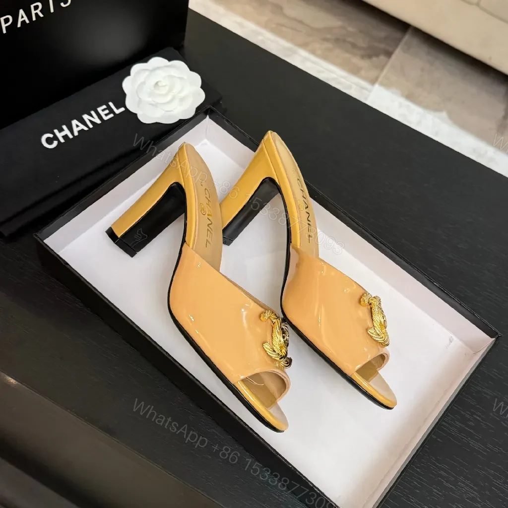 View 2 of Satin Mules: Nude-Toned, Gold-Emblem, Block Heel, Luxe Comfort