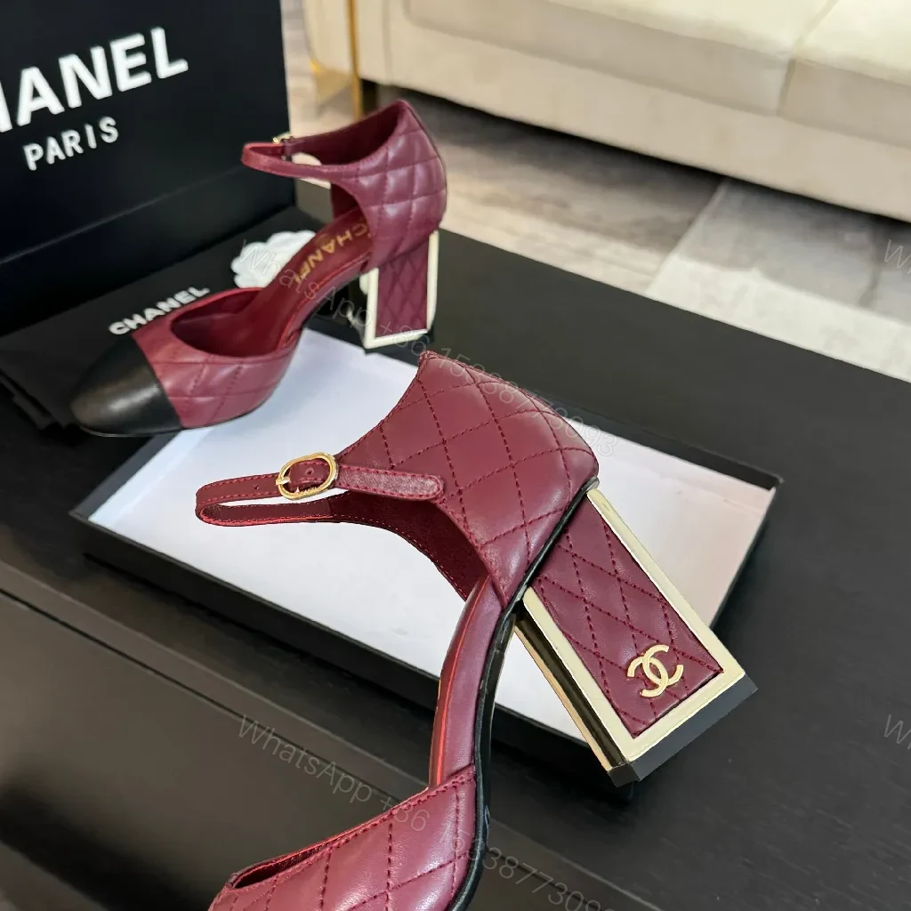 View 6 of Two-Tone Burgundy Quilted Mary Jane Heels with Black Cap Toe