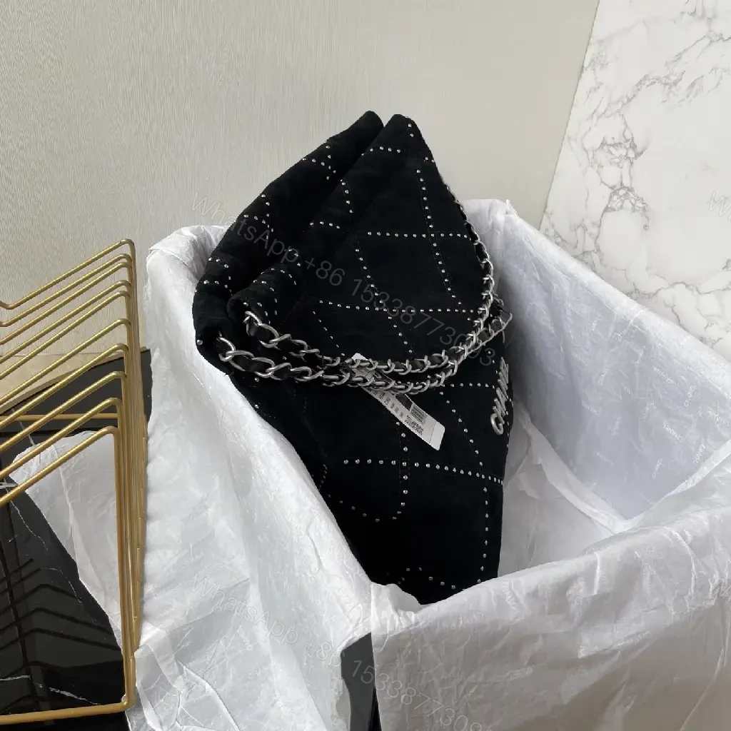 View 5 of Black Satin Quilted Bag with Diamond Stitching, Silver Chain Strap