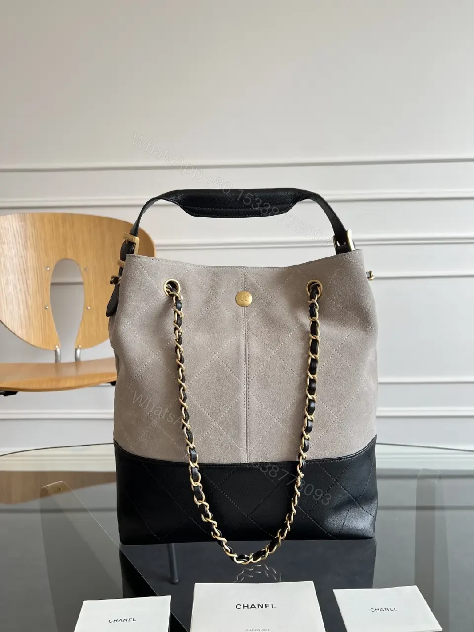 View 5 of Two-Tone Quilted Luxury Tote with Chain Detail Bag