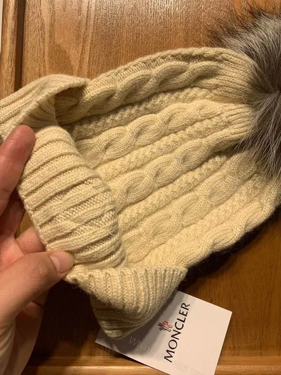 View 6 of Cream Cable-Knit Beanie with Faux-Fur Pom-Pom: Moncler Warmth