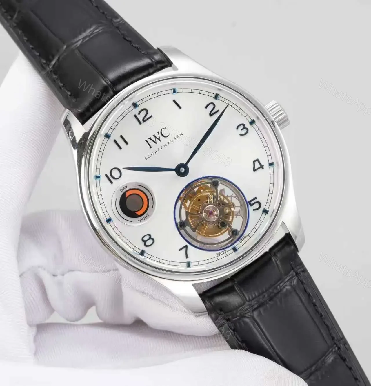 View 2 of IWC White Tourbillon Watch Silver Case Black Leather Strap Ultimate 42MM IWC-TOUR-WHT-SV42