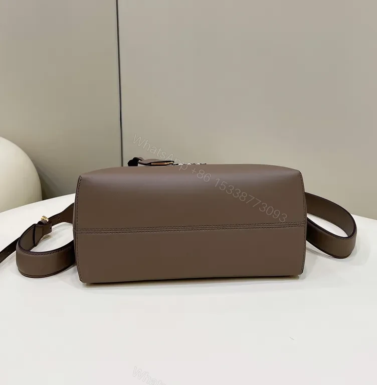 View 2 of Taupe Leather Fendi-Style Structured Handbag with Logo Detailing
