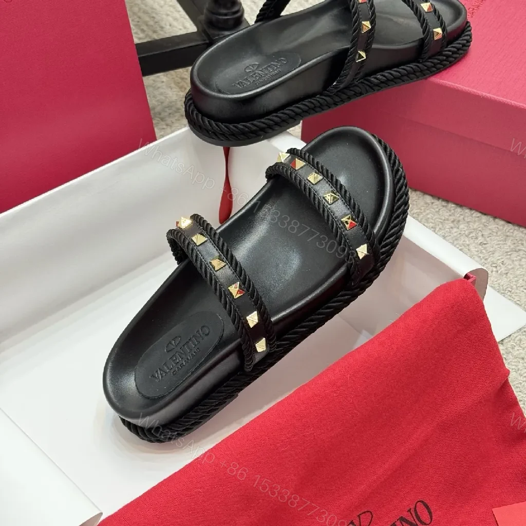View 6 of Statement Leather Slide with Rope Trim Studs