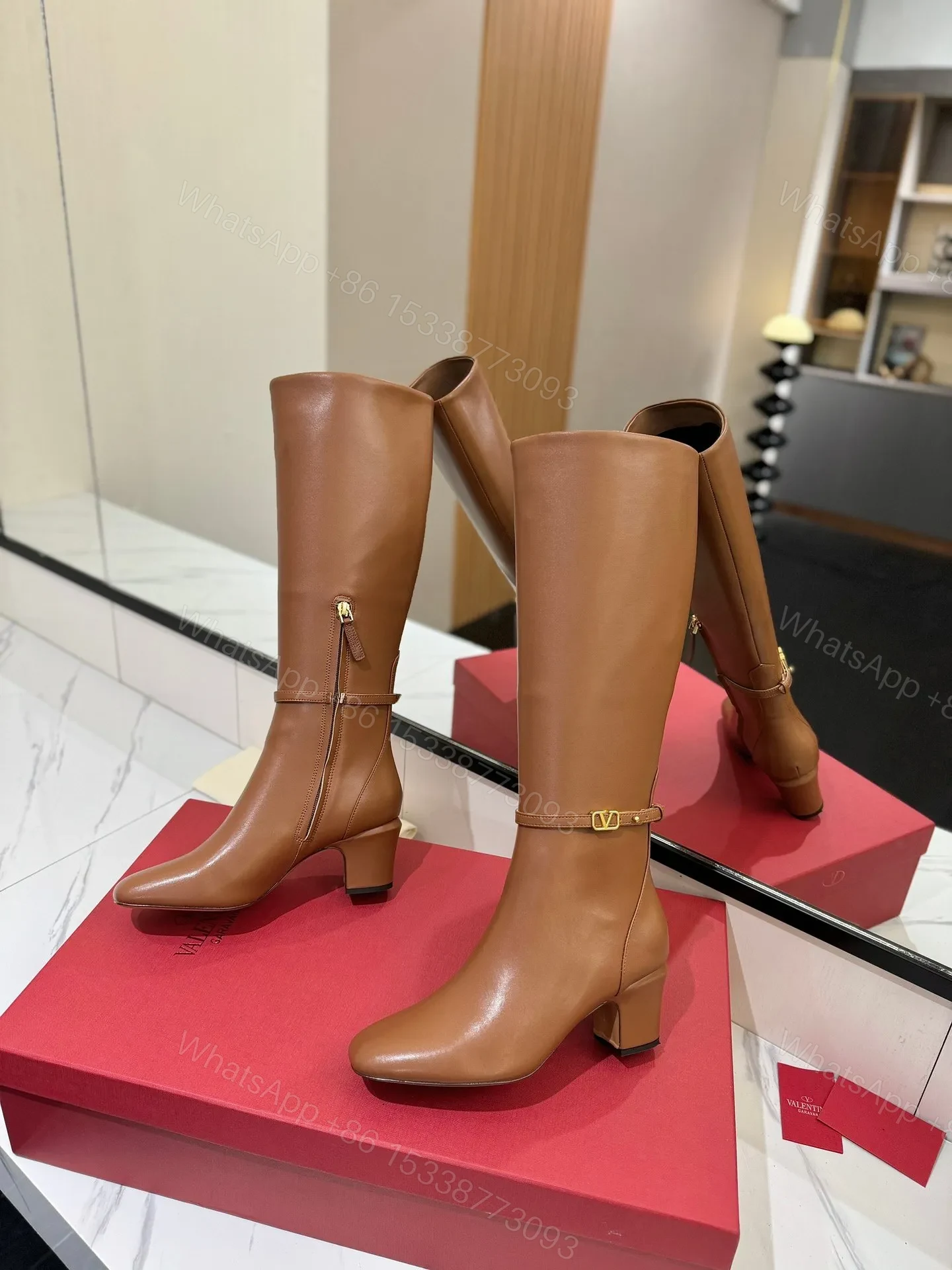 View 6 of Valentino Women Tan Leather Mid-Calf Boots