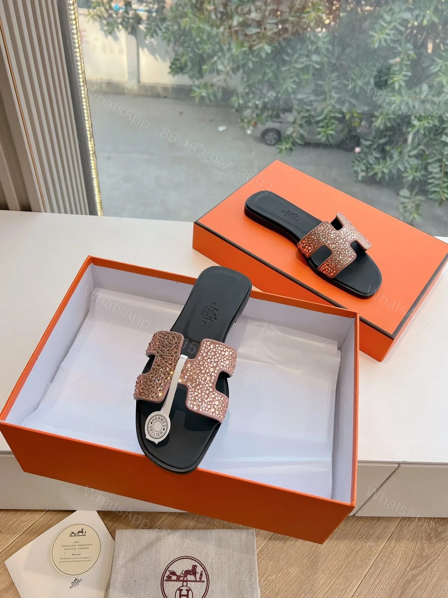 View 5 of Hermes Women Rose Gold Crystal Leather Sandals