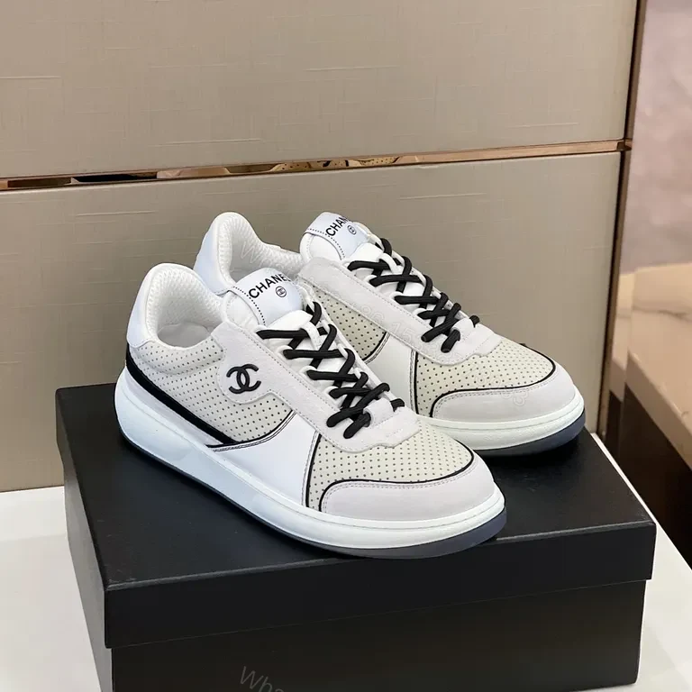 View 7 of Chanel-Inspired White/Black Perforated High-Top Sneaker, Luxury Comfort