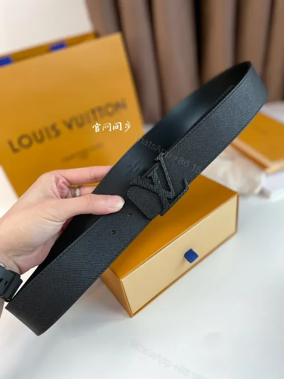 View 3 of Black Leather Belt with LV-Inspired Buckle, 40mm, Premium Calfskin