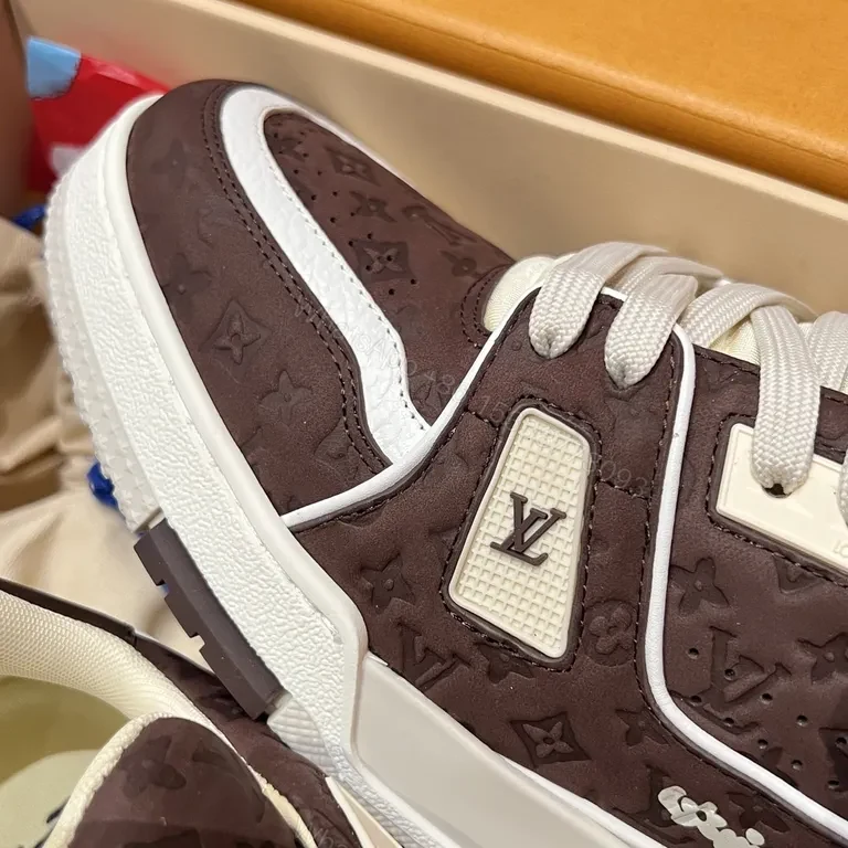View 3 of Brown Leather Low-Top Sneakers with LV Monogram, White Trim and Sole