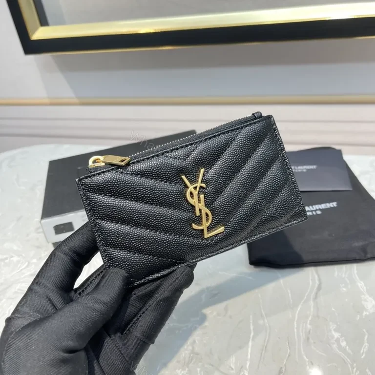 View 6 of Quilted Black Calfskin Wallet - Gold YSL Logo, Slim Profile