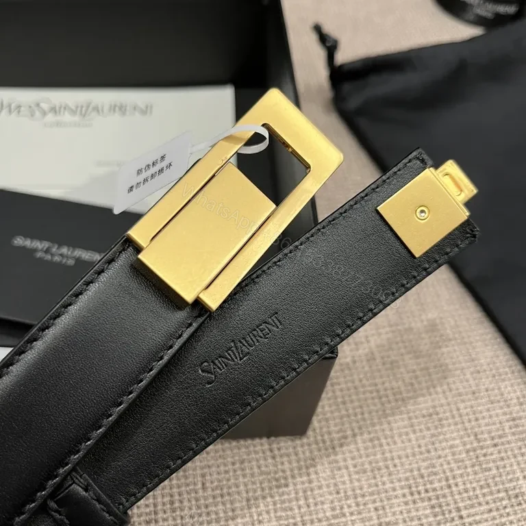 View 3 of Chic Black Leather Belt with Gold YSL-Inspired Clasp