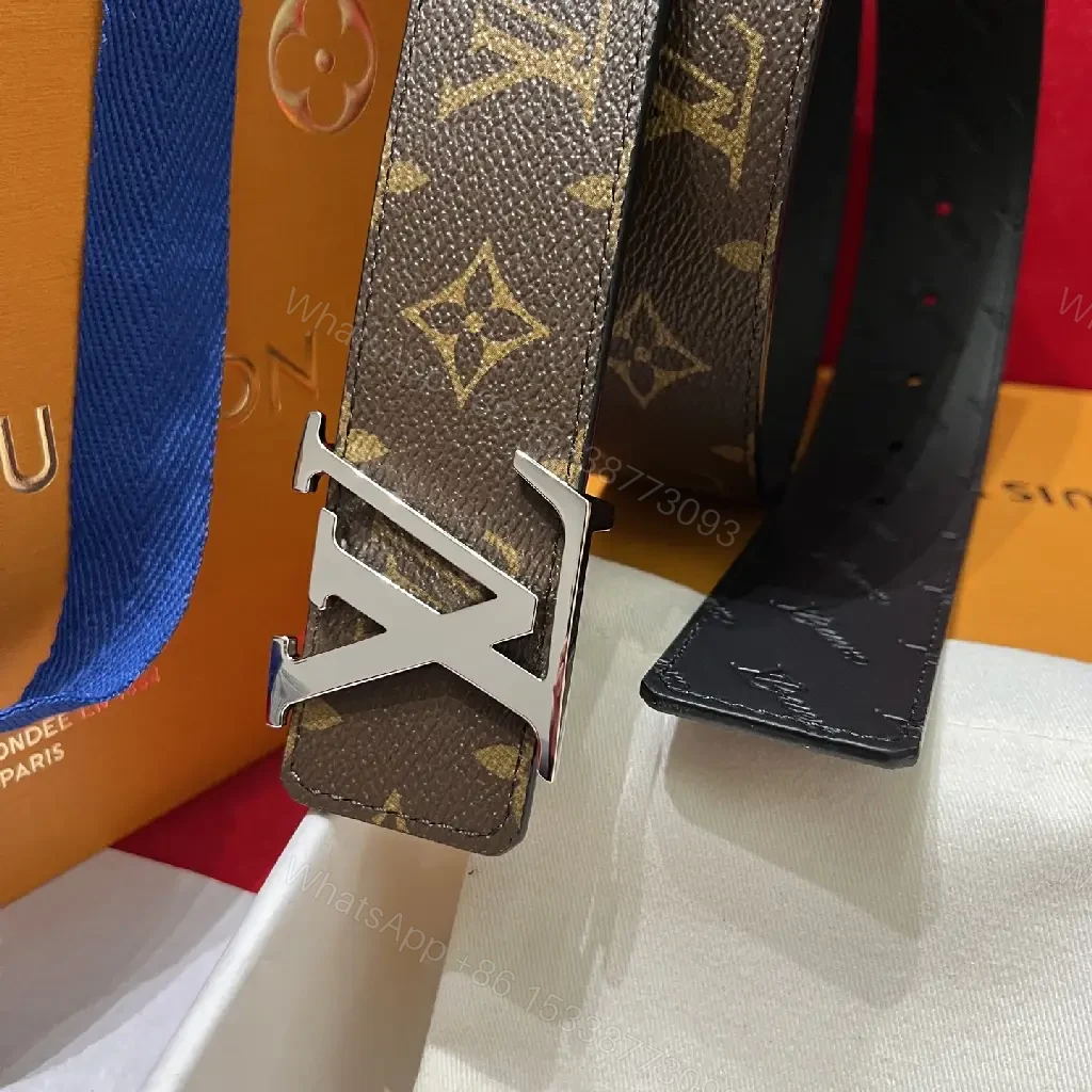 View 3 of Brown & Black LV Monogram Belt with Metal Logo Buckle