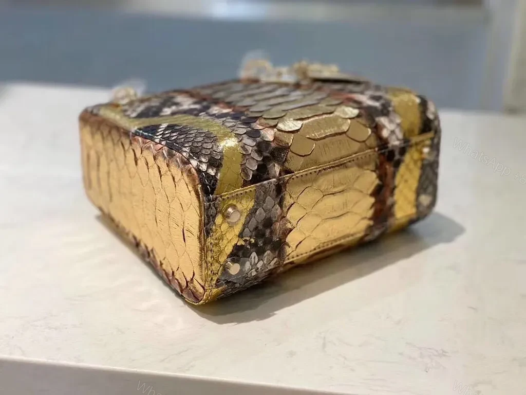 View 3 of Gold Brown White Snakeskin Mini Bag with Dior Charm