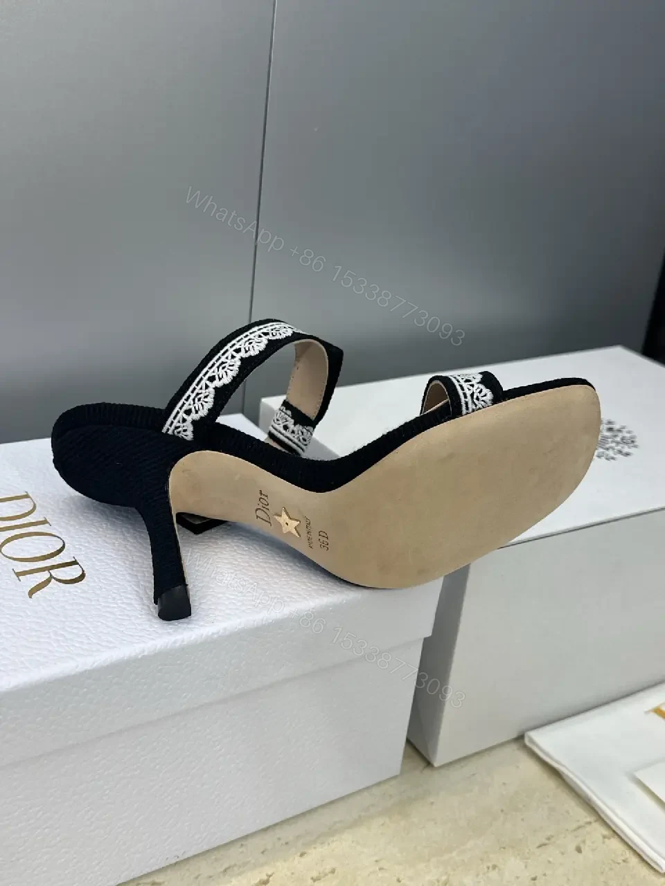 View 3 of Black Patent Lace-Trim Sandals with Dior Band, Open-Toe Heels