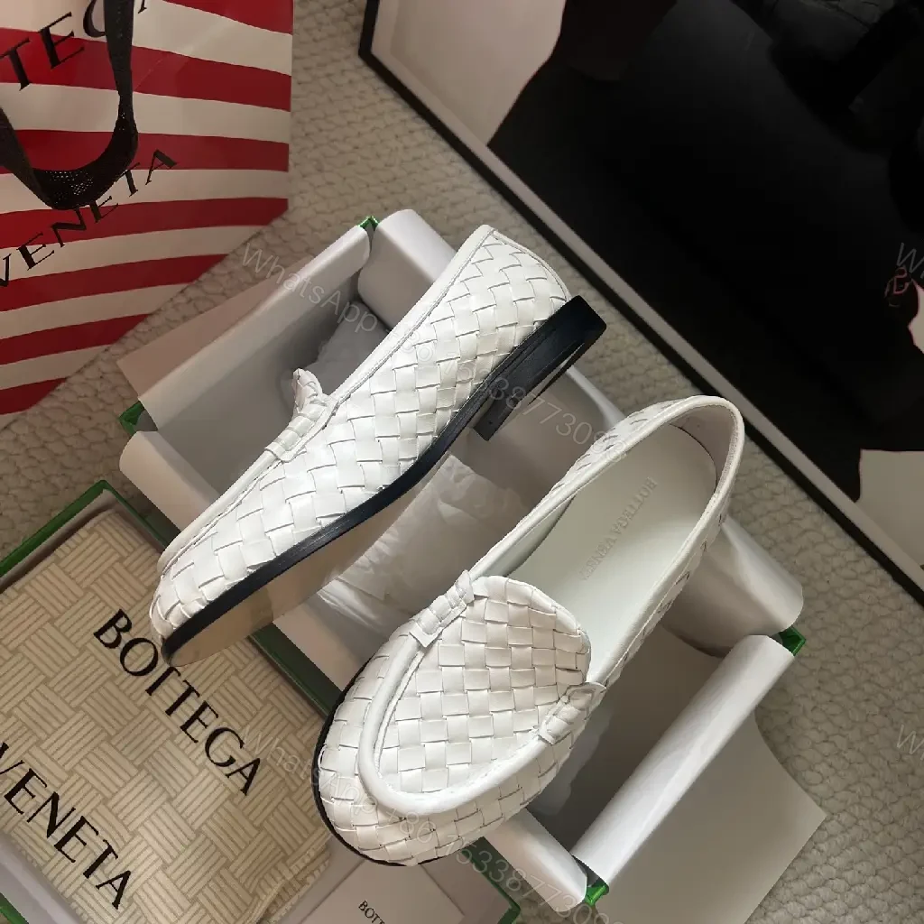 View 4 of White Leather Woven Loafers, Slip-On Style, Bottega Inspired Shoes