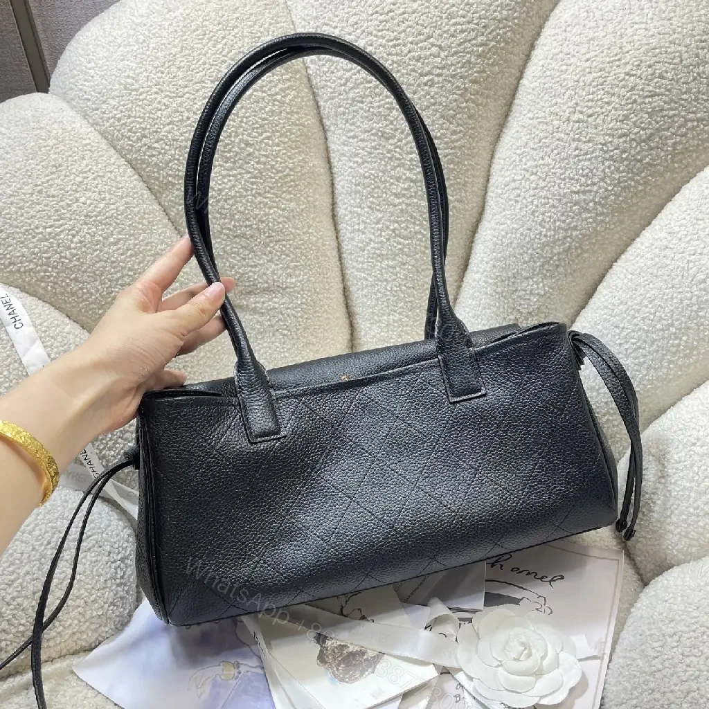 View 8 of Quilted Black Leather Handbag with Gold Hardware