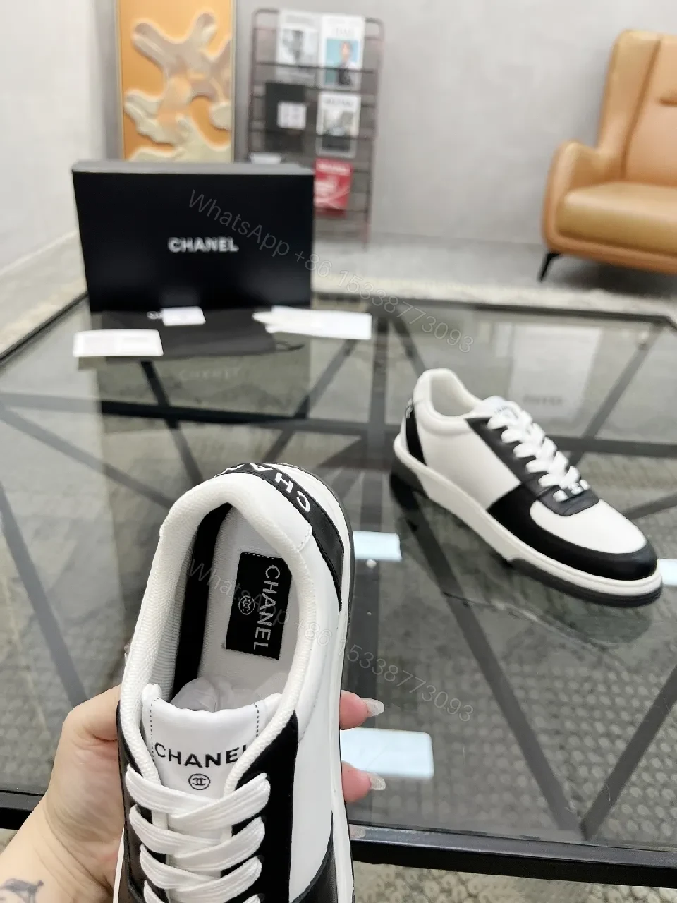 View 4 of Monochrome Leather High-Top Sneaker with Contrast Detailing
