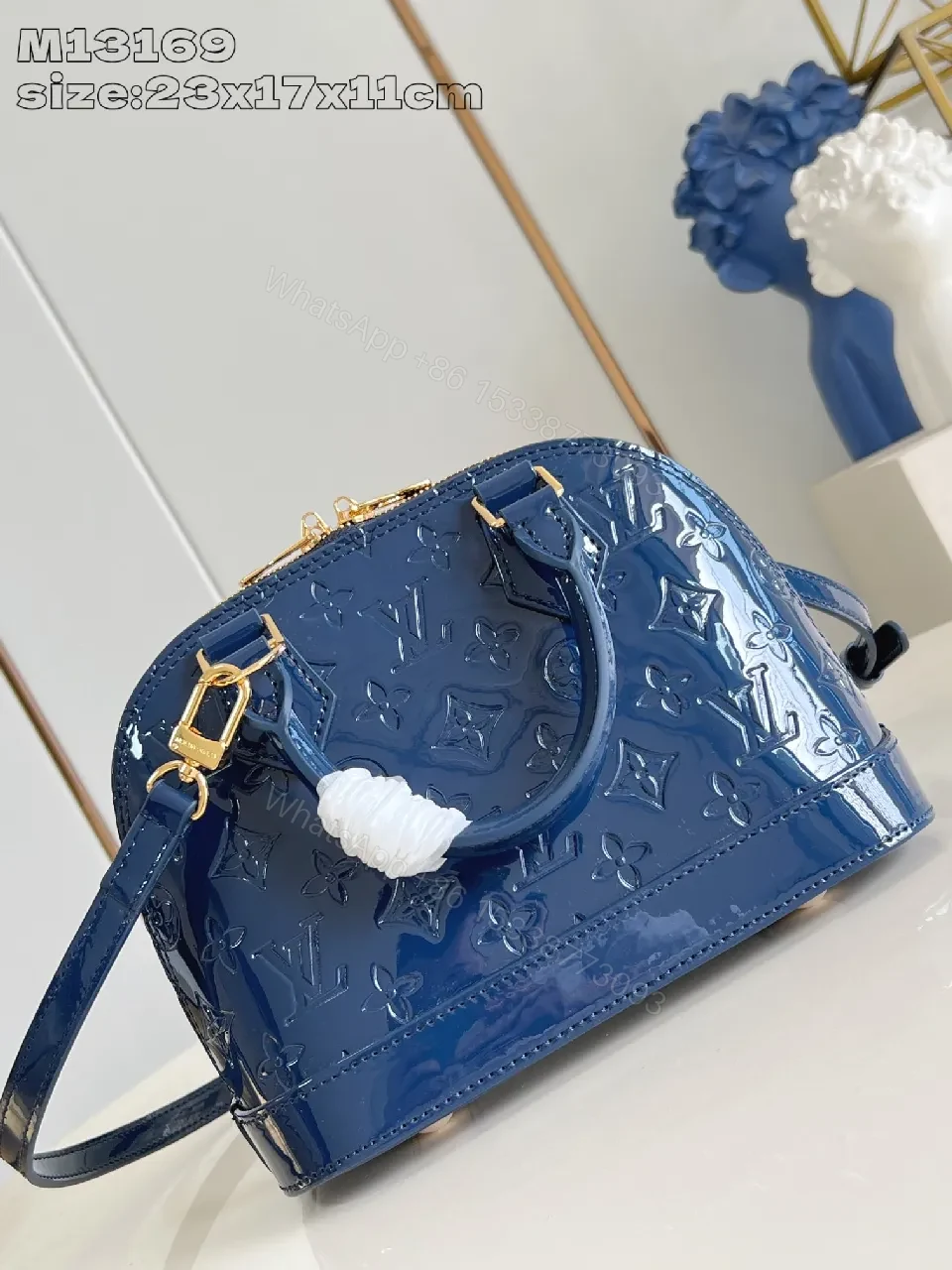 View 6 of Glossy Blue Satchel: Monogram-Texture Patent Tote