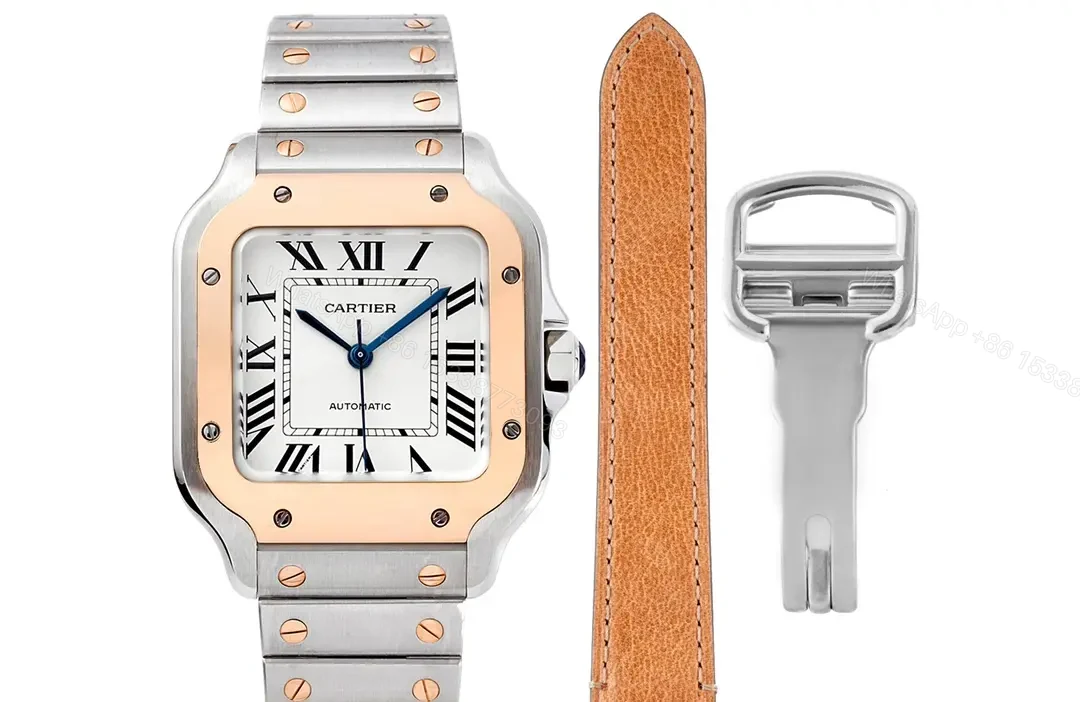 JF Factory Santos de Cartier Women’s Watch – Stainless Steel and Rose Gold Case, White Roman Dial, Blue Steel Hands, Sapphire Crystal, Interchangeable Stainless Steel and Leather Straps, QuickSwitch System, 35.1mm, 100m Water Resistant — view 1