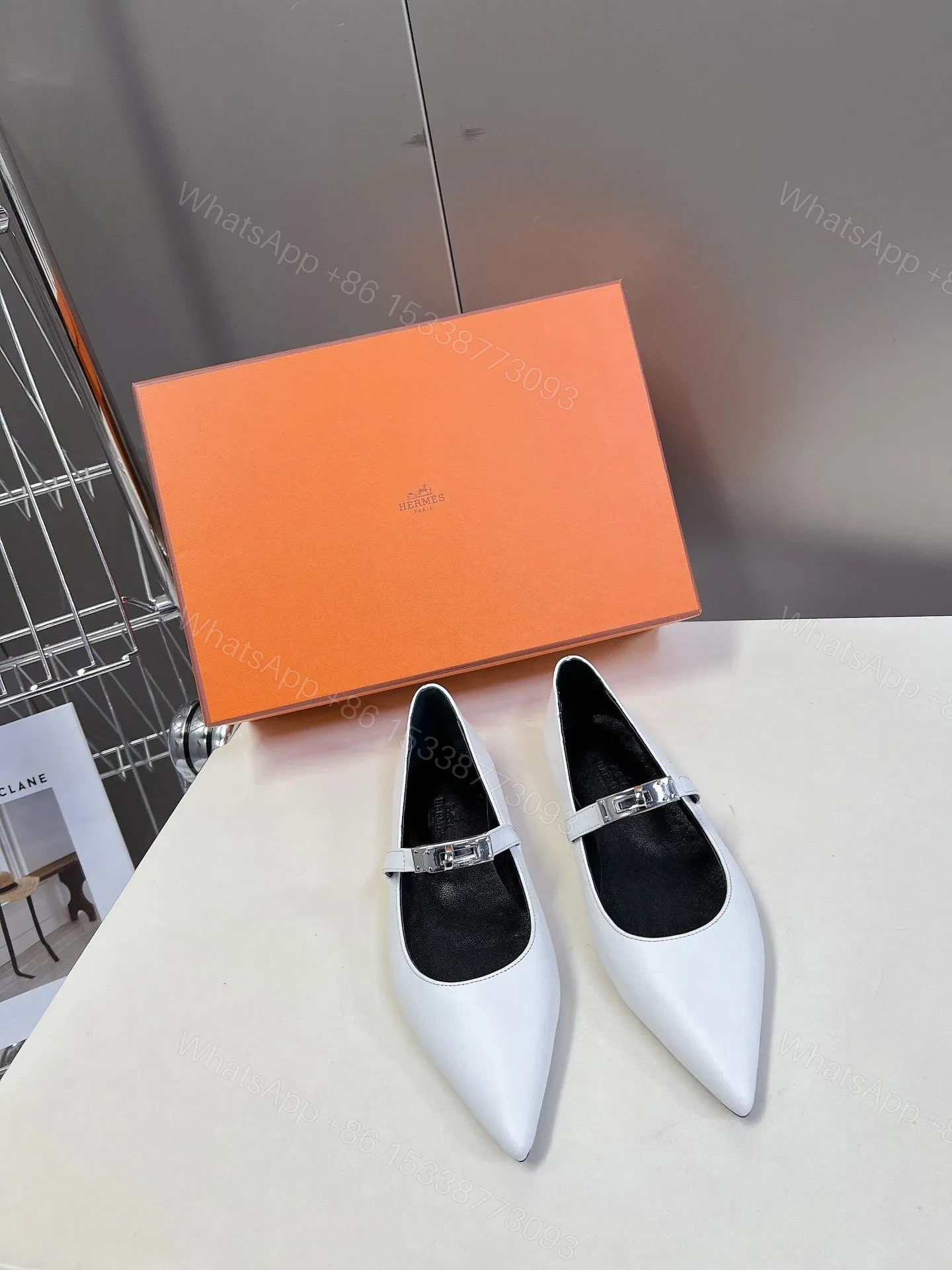 Hermes Women White Leather Pointed Mary Jane Flats — view 1