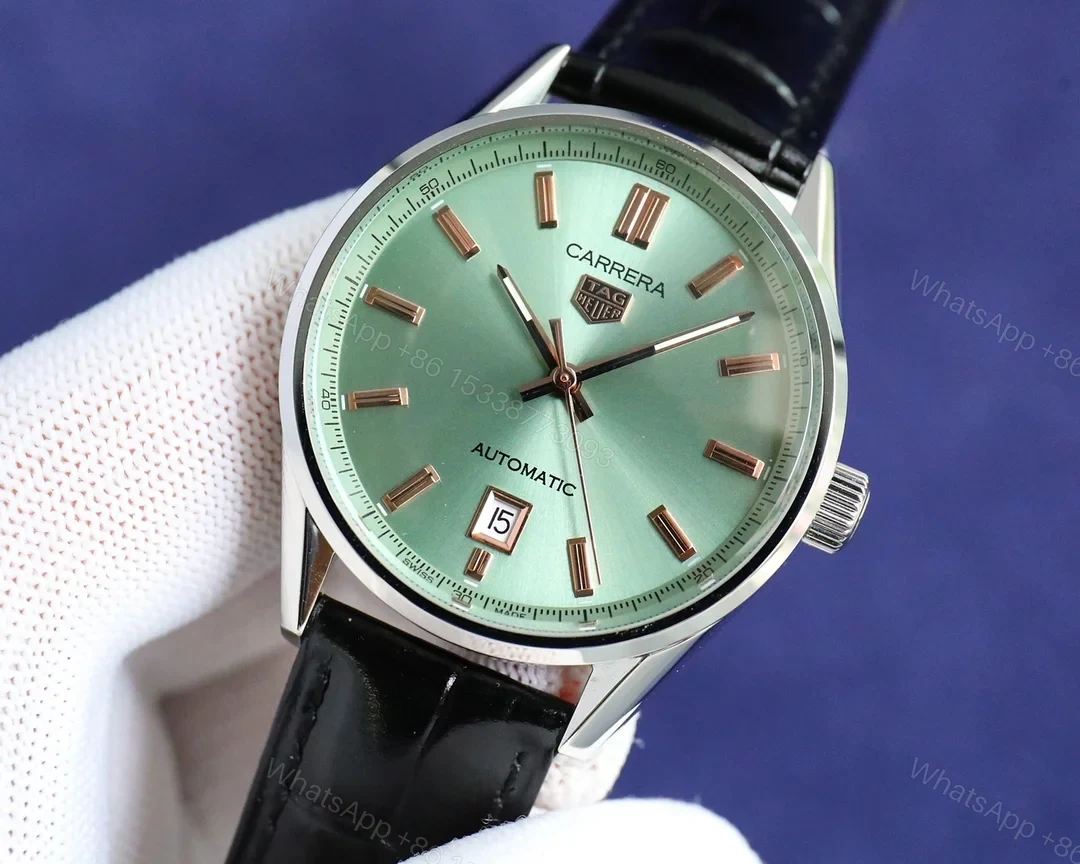 View 3 of TAG Heuer Carrera WBN2111 Automatic Turquoise Green Dial Watch 39MM Black Leather Strap Premium Edition TAG-CAR-WBN2111-TGR-BLK-39