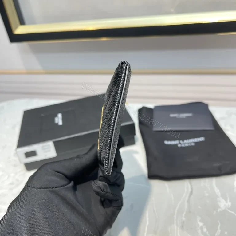 View 7 of Quilted Black Calfskin Wallet - Gold YSL Logo, Slim Profile