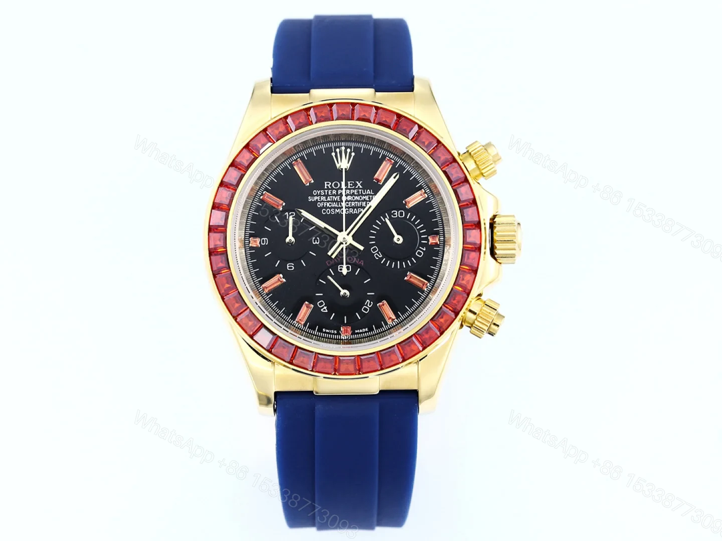 Rolex Daytona Ruby Blue Strap Replica 43MM Exclusive Gold Case Edition RG-ROLEX-DAYTONA-RUBY-BLUE-43 — view 1