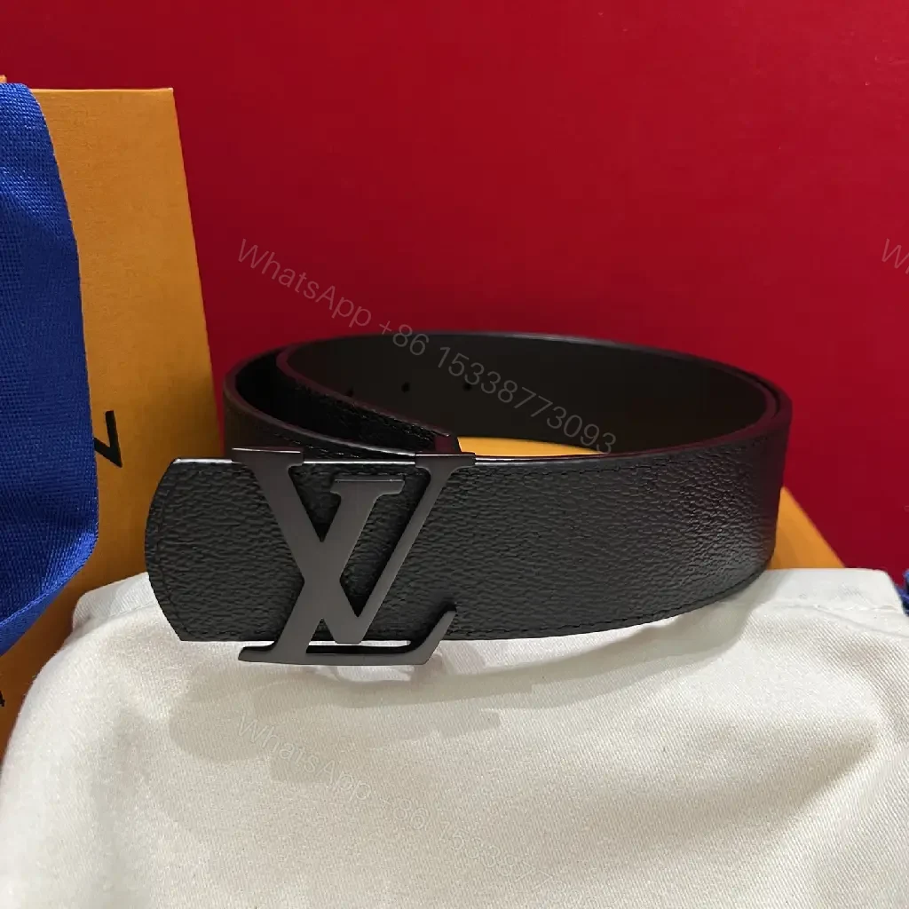View 2 of Black Leather Belt with Bold Gunmetal LV Buckle Set