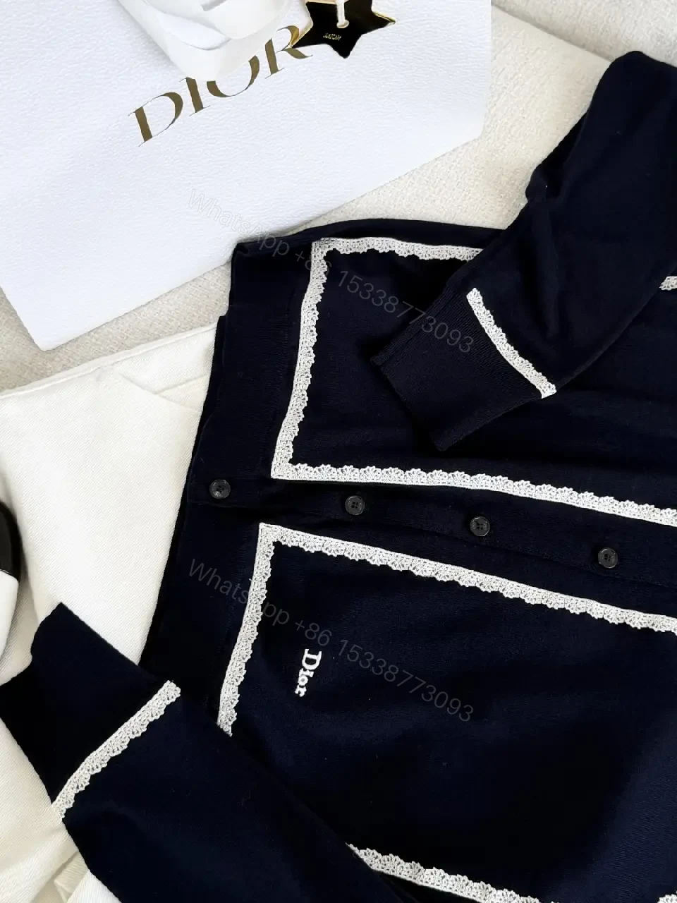 View 2 of Navy Cardigan with White Lace Trim, Classic, Button-Front, Dior Accent
