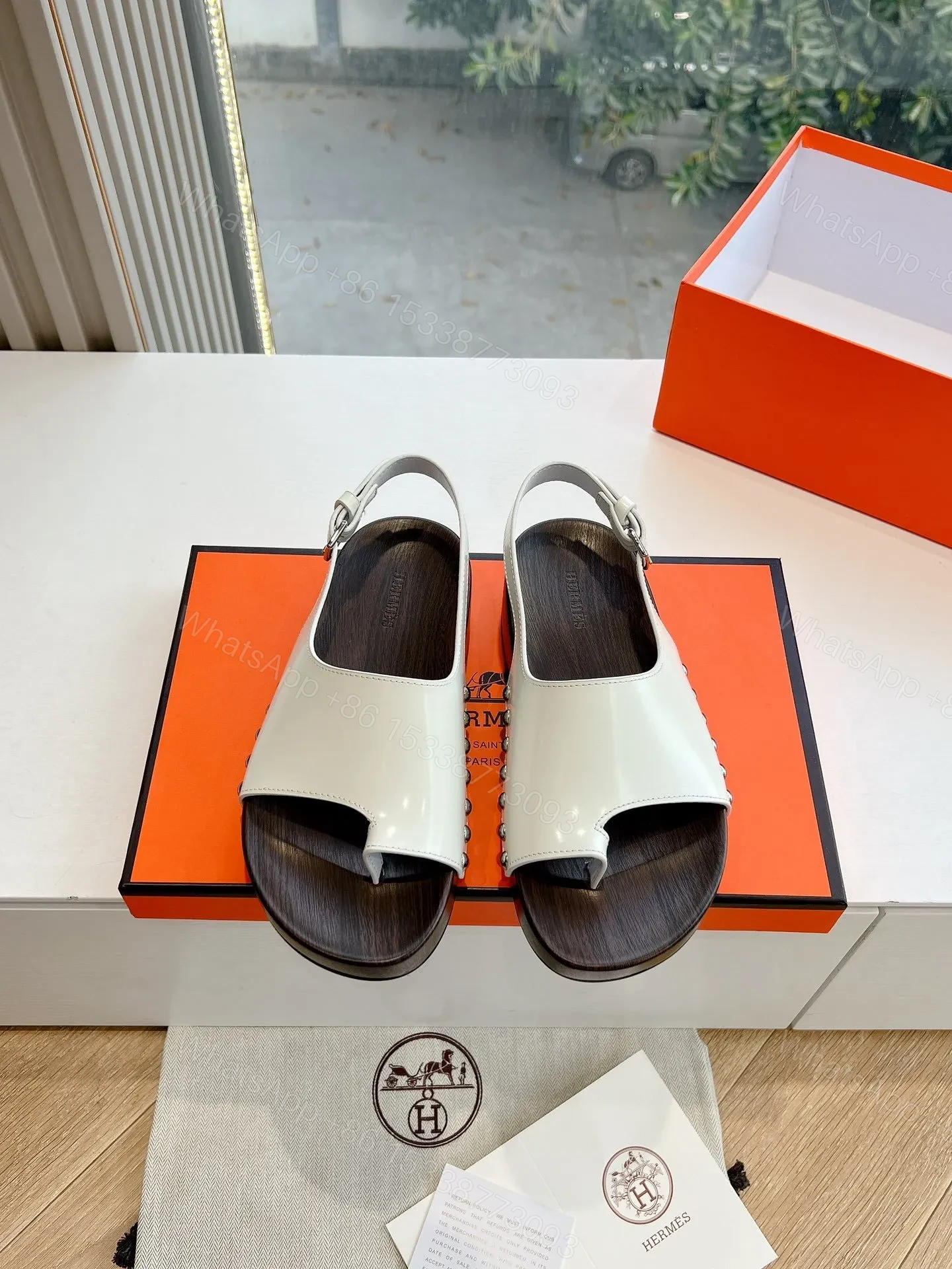 View 5 of Hermes Women White Leather Wooden Sole Sandals