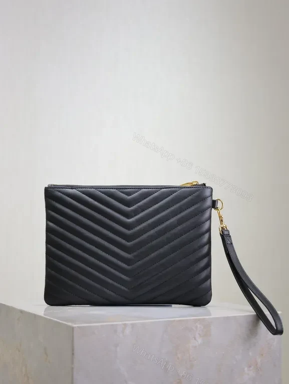 View 8 of Chic Chevron Quilted Clutch with Gold Emblem - Compact Luxury