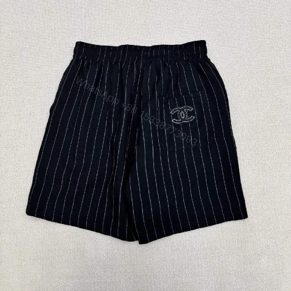 View 4 of Navy Pinstripe Linen Set with Chanel Logo Pocketless Style