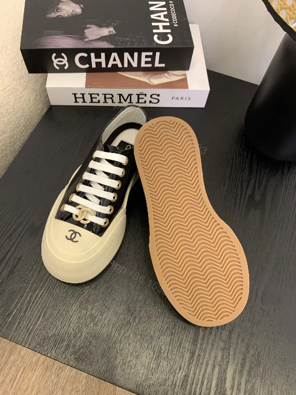 View 2 of Chic Patent-Accent Low-Top Sneakers with Luxe Hardware
