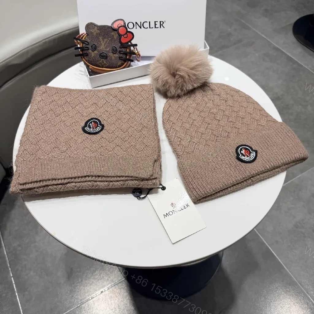 Camel Knit Set: Plush Beanie & Scarf with Crest Detailing — view 1