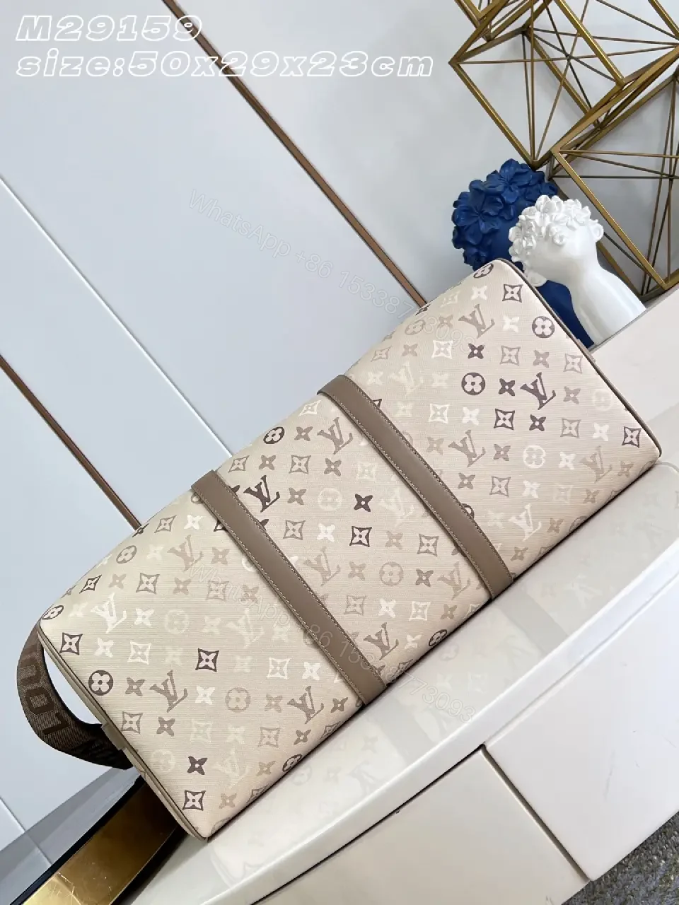 View 3 of Beige Taupe LV-Style Monogram Duffel Bag with Gold Hardware