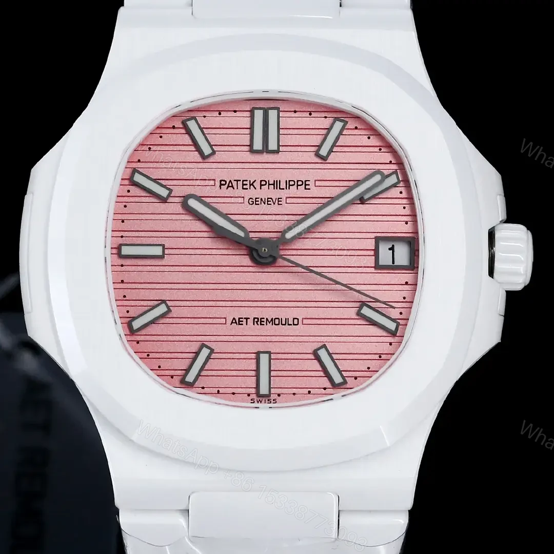 View 3 of Patek Philippe Pink Ceramic Nautilus Watch White Bracelet Ultimate 40MM PP-NAU-PNK-CER-WHT40