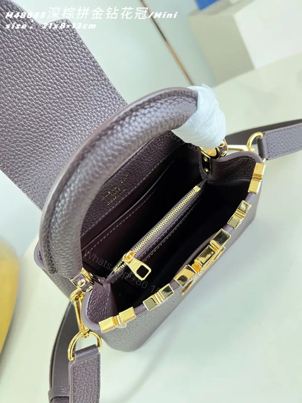 View 5 of Compact Pebbled Leather Handbag with Gold Hardware, Brown, Crossbody/Top Handle