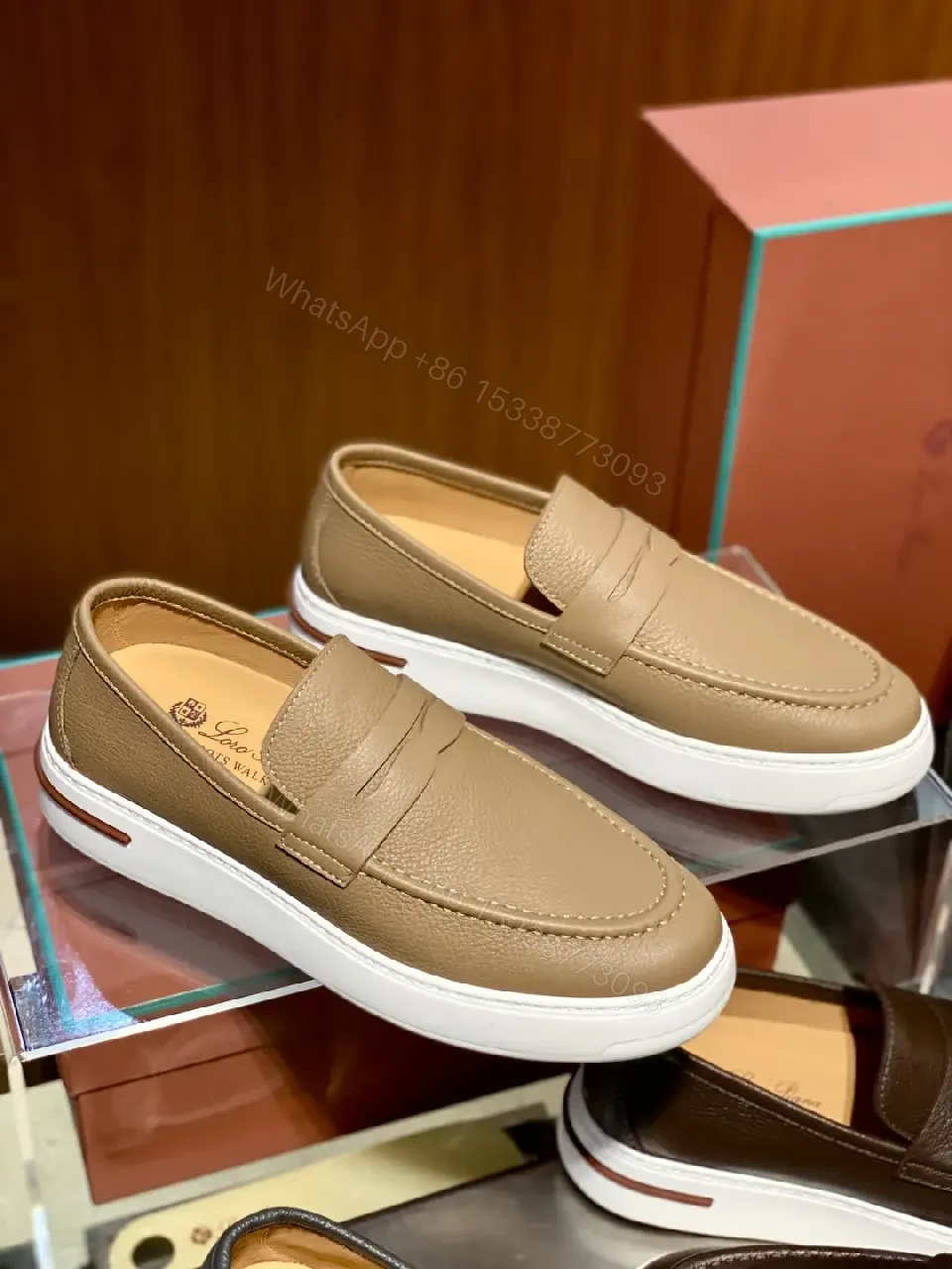 View 8 of Beige Leather Slip-On Loafers Plug-Top Comfort Shoes