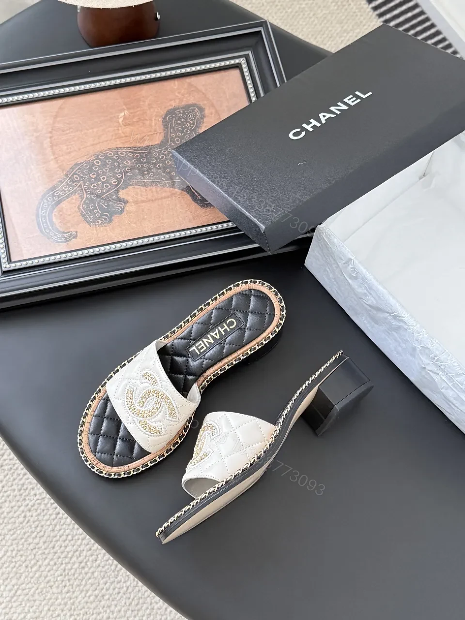 View 3 of Elegant Quilted Slide Sandals with Chain Trim
