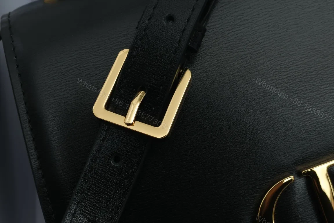 View 7 of Premium Black Leather Shoulder Bag with Gold Hardware - Modern Chic