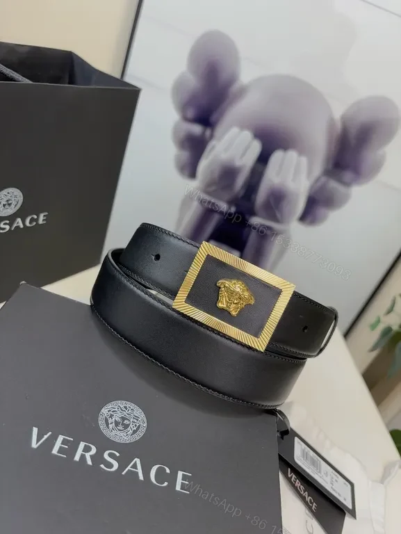 View 2 of Versace Black Leather Belt with Gold Medusa Buckle