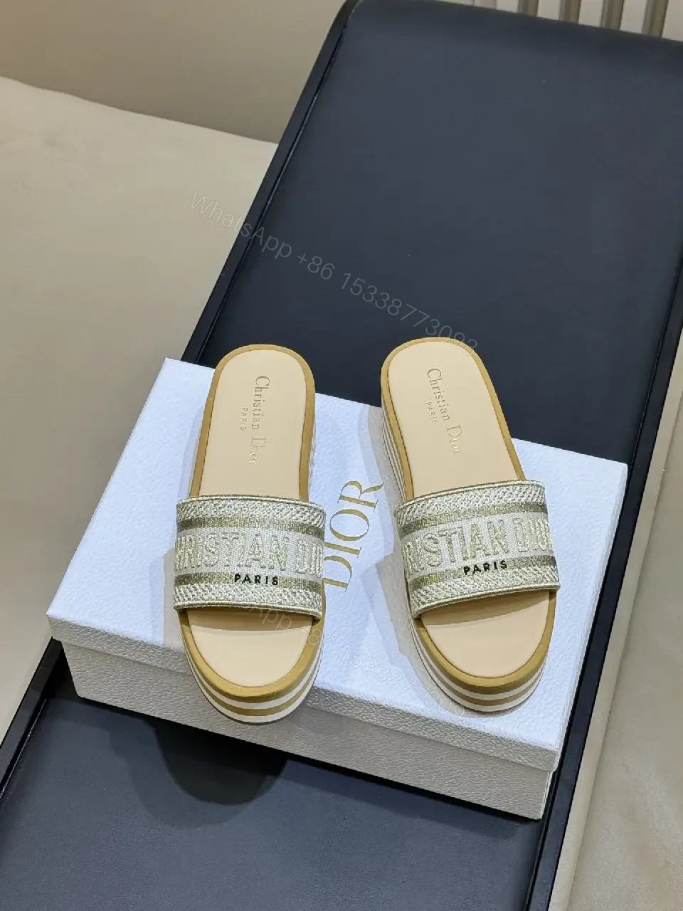 View 7 of Textured Dior-Inspired Knit Slide with Logo Strap