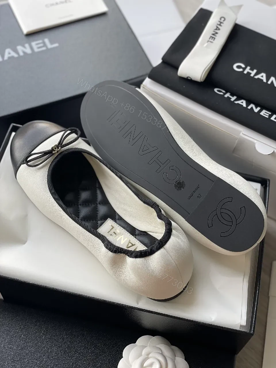 View 6 of Cream & Black Bow Ballet Flats - All-Day Comfort Style