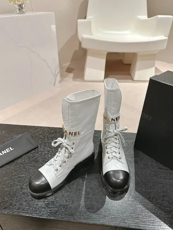 View 7 of Stark Contrast Combat Boots: Chanel-Inspired Luxe Silhouette