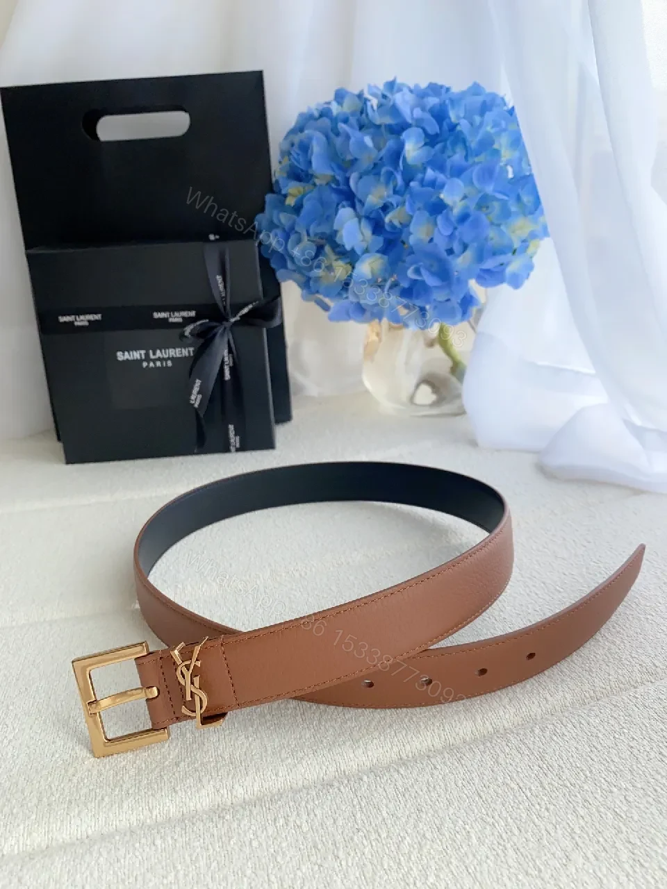 View 4 of Brown Leather Belt Gold Buckle: Designer-Inspired, Luxury Finish